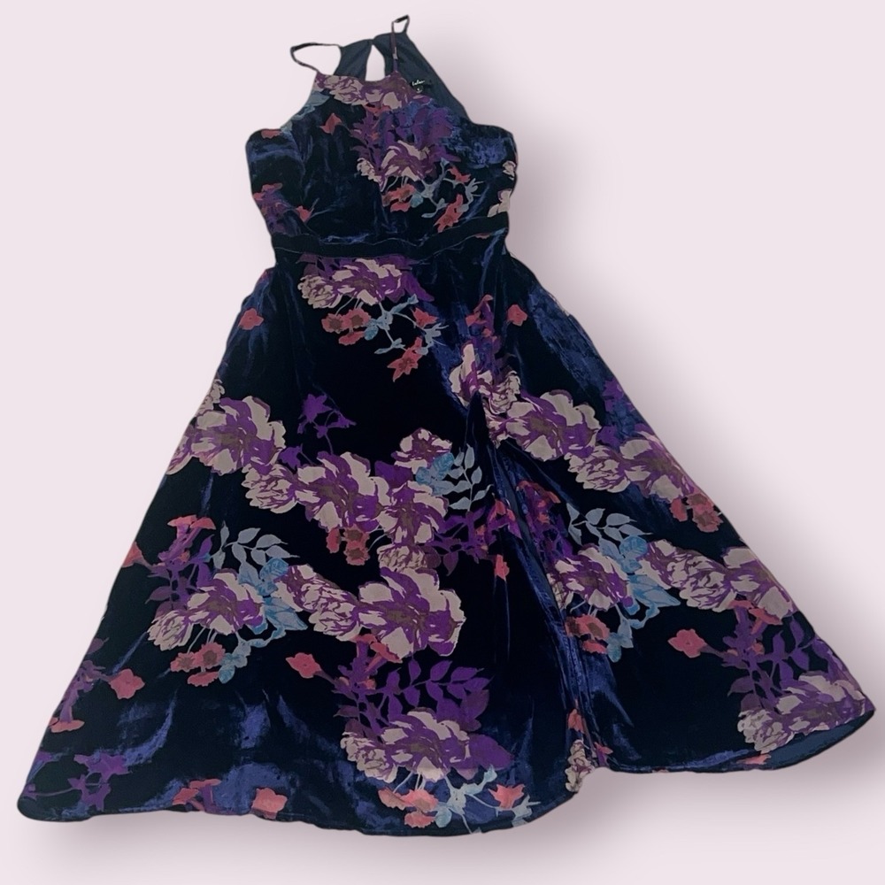 NWT Lulus Endearing Style‎ Navy Floral Burnout Velvet Halter Midi Dress Small - Picture 11 of 16